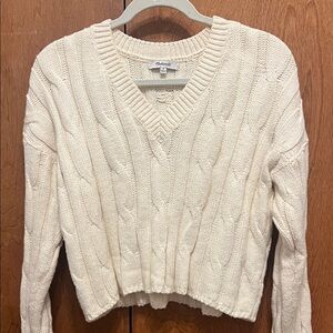 Madewell Cream V-Neck Cable Knit Sweater